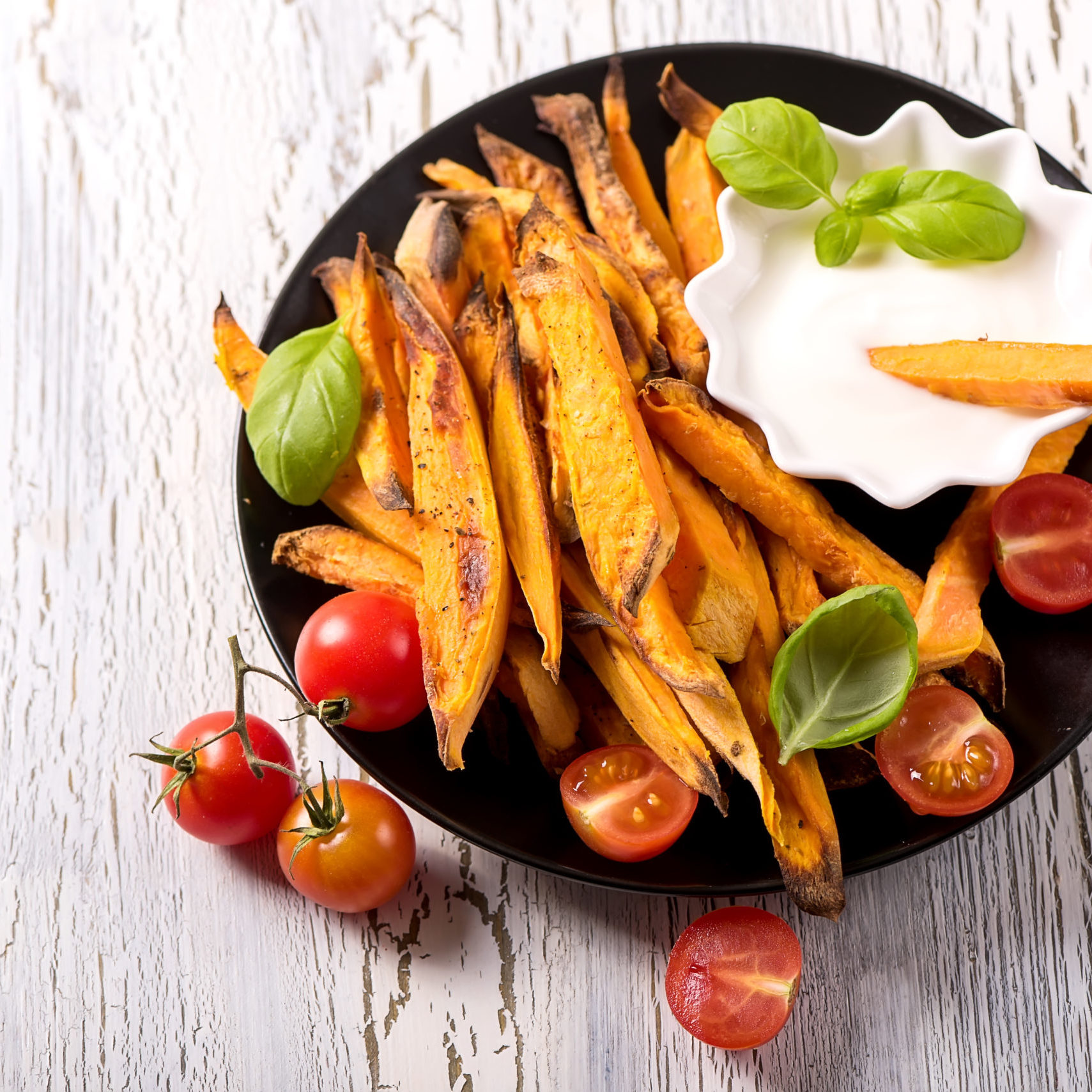 Healthy homemade sweet potato fries, vegan vegetarian snack with dip