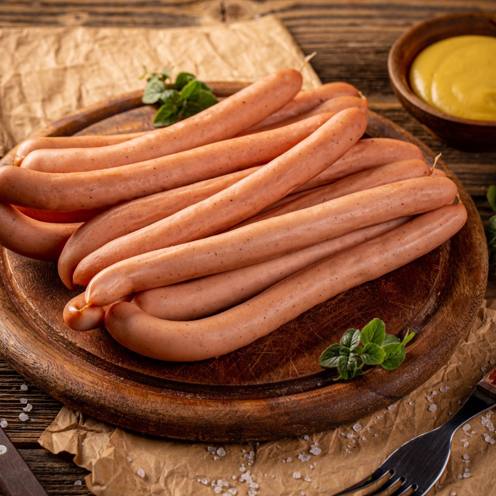 Fresh boiled frankfurter sausages with mustard on wooden cutting board